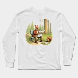 Rabbit sitting on a bench reading a newspaper with a squirre Long Sleeve T-Shirt